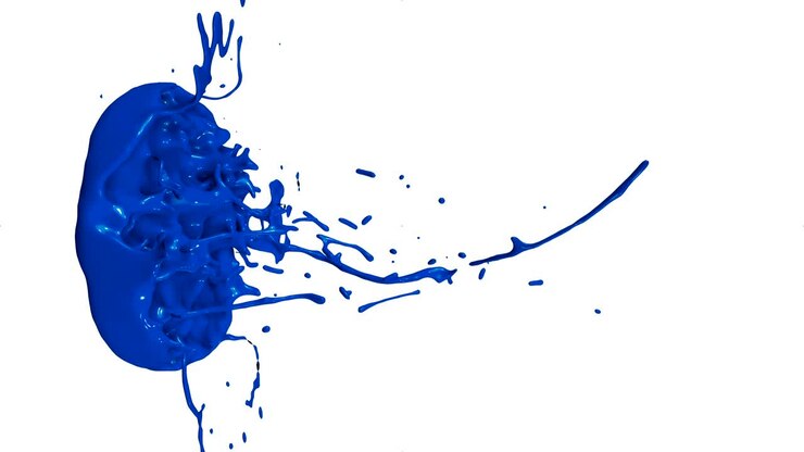 3d splashes of liquid. Paint bounce in 4k on white background. Simulation of splashes of ink on a musical speaker that play music. version shades of blue 12
