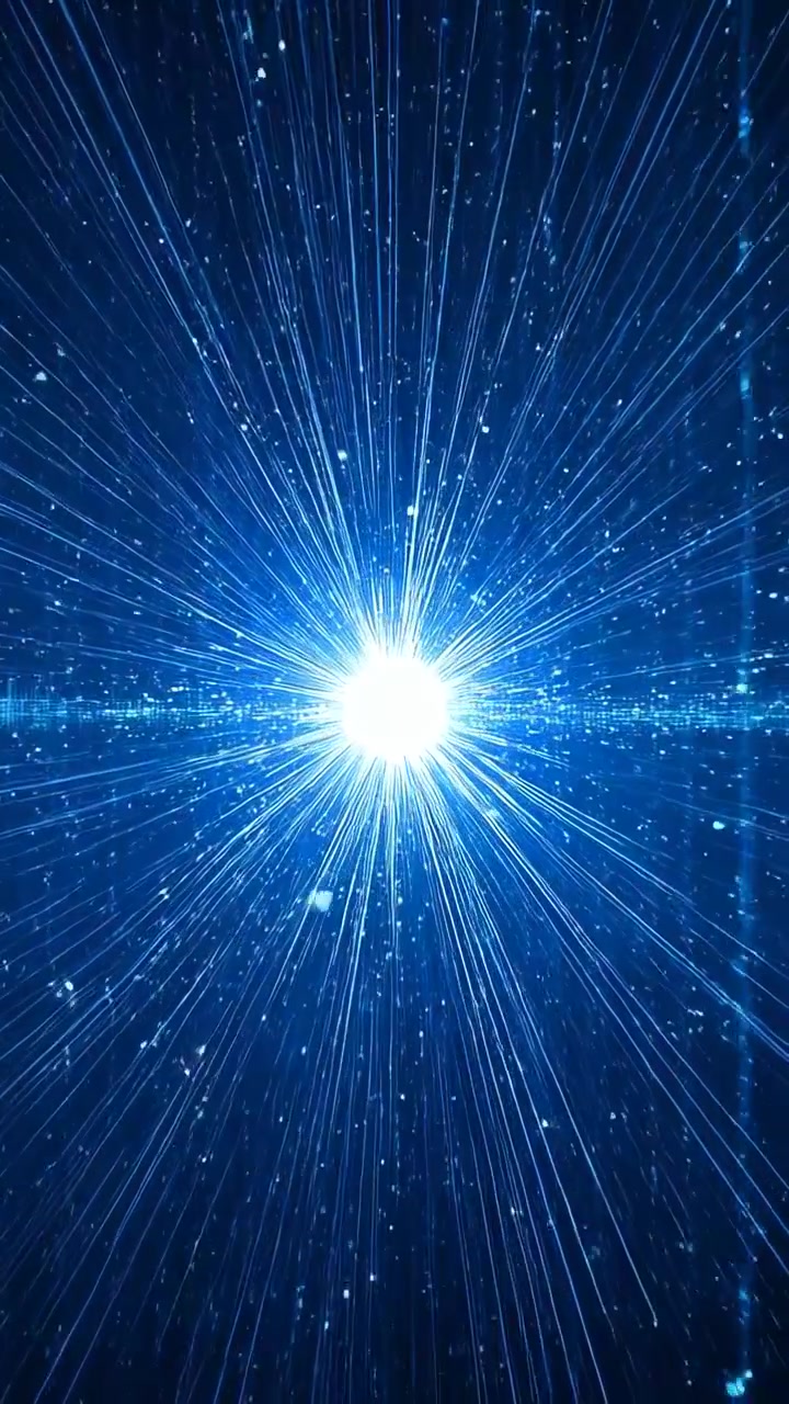 Vertical video: Flashing central bright core releasing radial beams across blue field, forming band