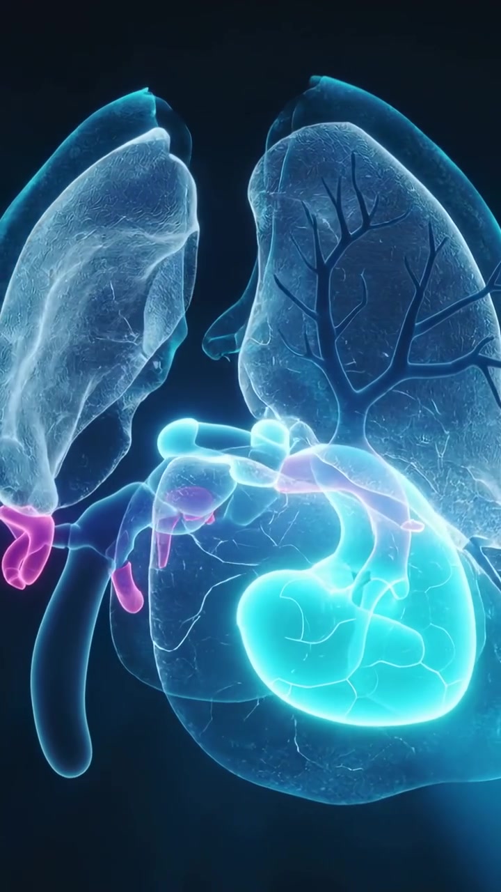 Vertical video: Rotating view showing clear lungs, pink bronchi, cyan heart in studio for teaching