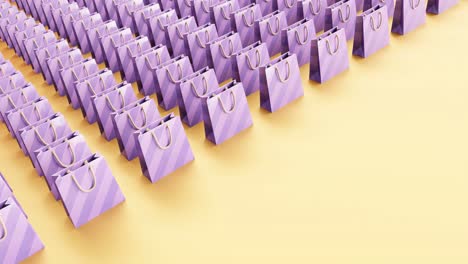 3D-Motion-Graphics-illustration-of-Purple-Shopping-Bags-Set-Scrolling-on-Yellow-Background