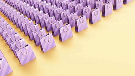 3d motion graphics illustration of purple shopping bags set scrolling on yellow background