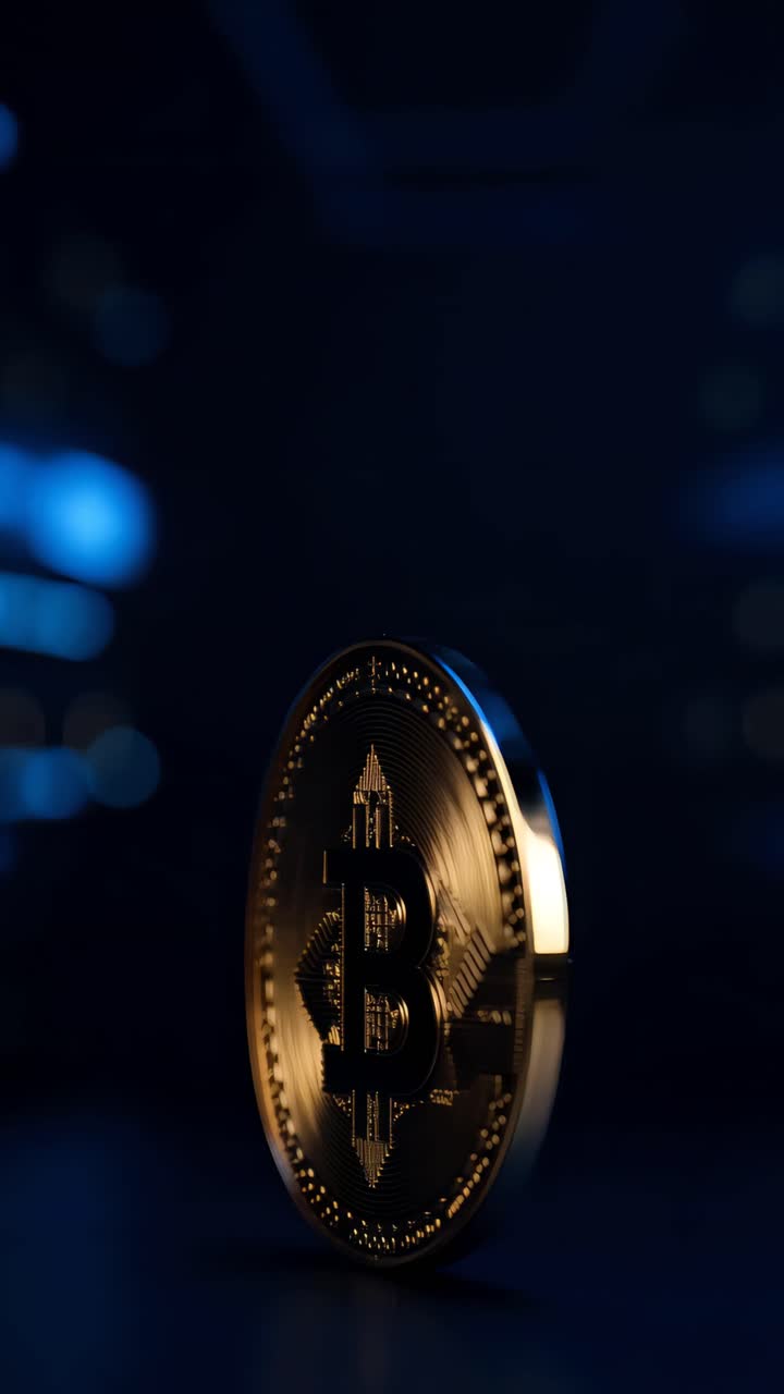 Animação de Bitcoin Dourado Girando em Fundo Escuro Cripto Cinematográfico 4K