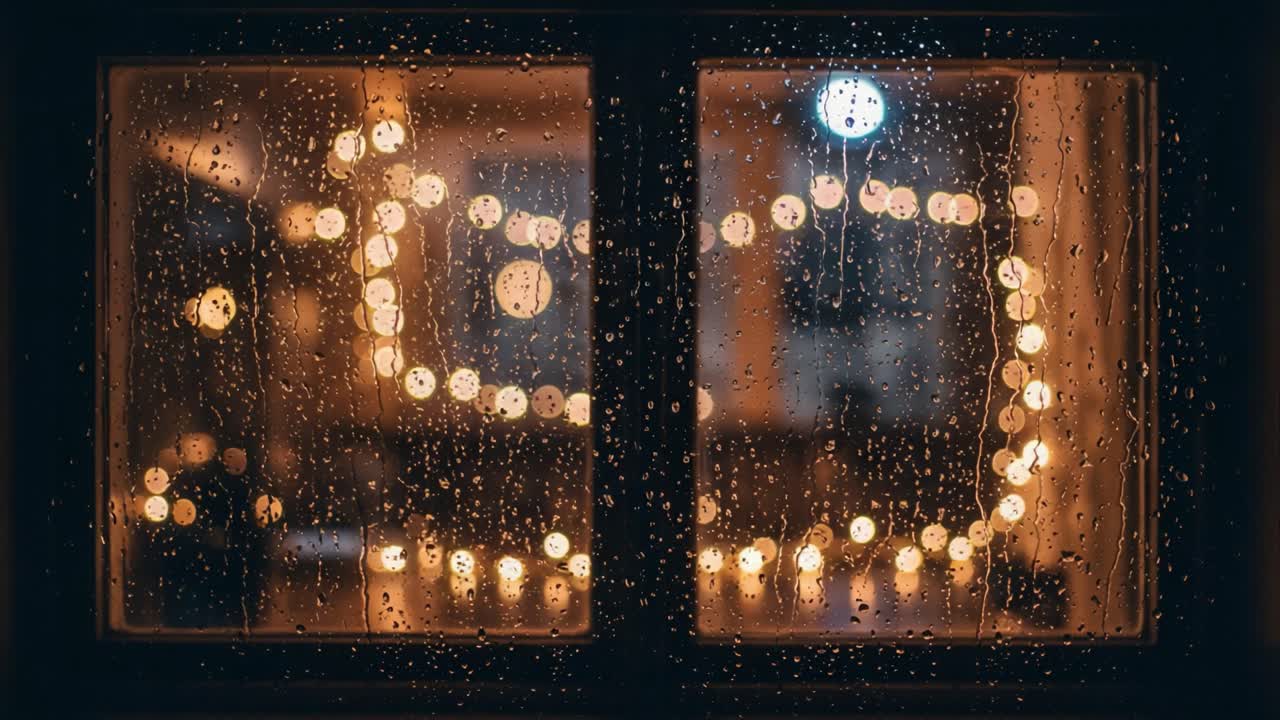 A Cozy Evening Scene Captured Through a Raindrop-Splattered Window, Emphasizing the Warm Glow of Twinkling Lights and a Sense of Intimacy on a Rainy Night