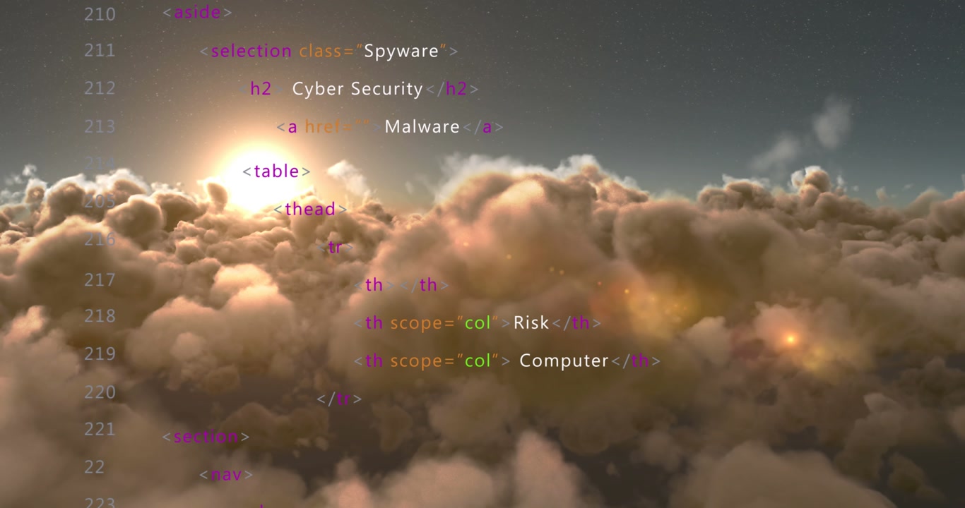 Cyber Security Code Scrolling Over Clouds and Sun