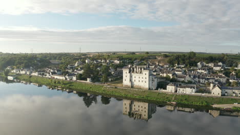 aerial drone point of view of the chateau de montsoreau and the river loire in the loire valley of france