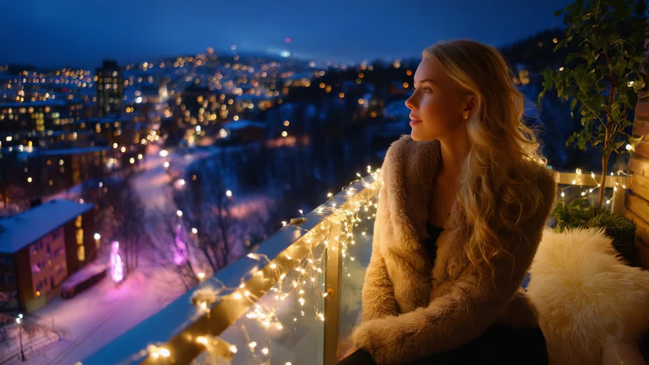 A Serene Winter Evening: A Woman Gazes Thoughtfully Into a Glittering Cityscape Adorned with Twinkling Lights, Capturing the Magic of Nighttime Serenity Amidst a Winter Wonderland