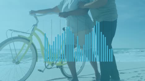 animation of data processing over diverse senior couple at beach