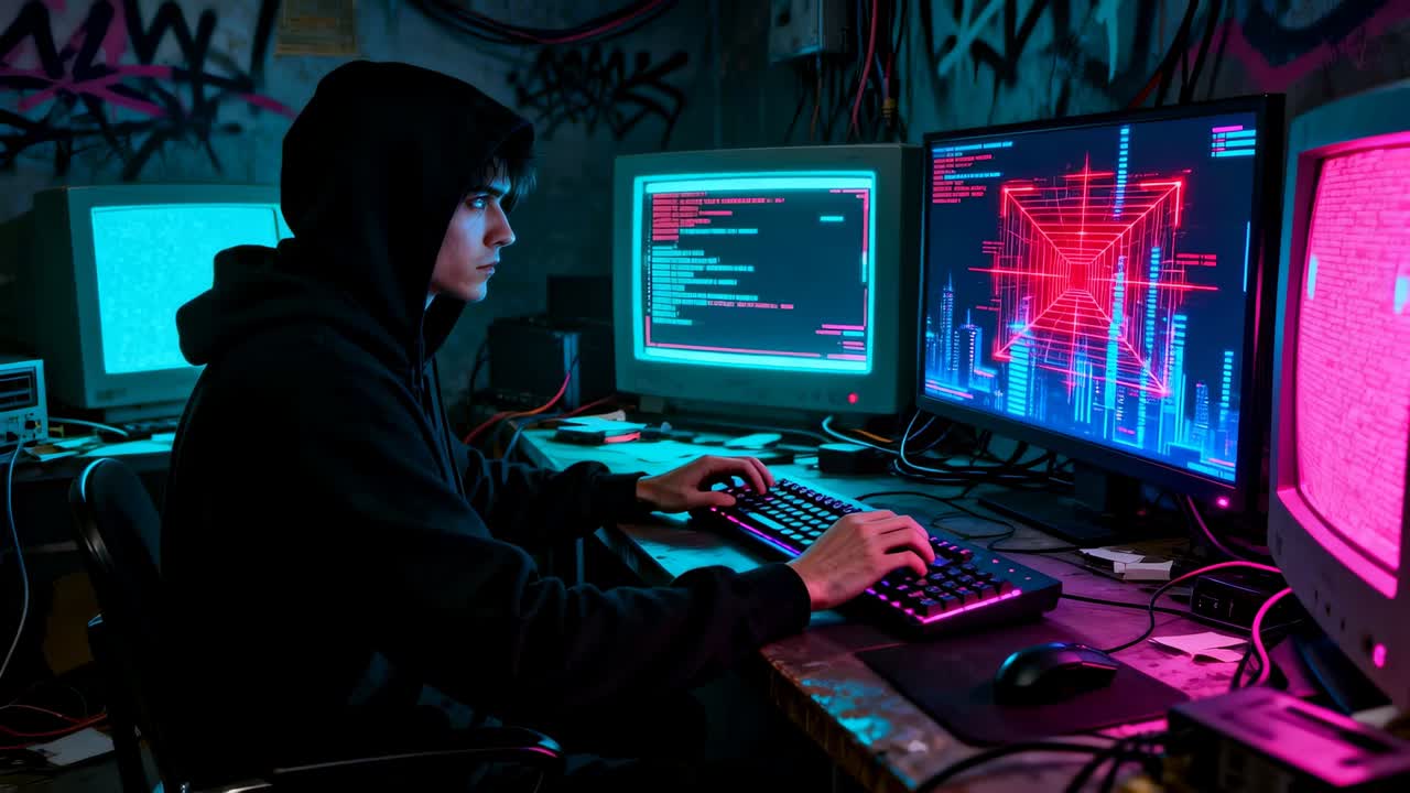 Typing hooded man reacting to code updates on three screens in garage, adjusting mouse and keys