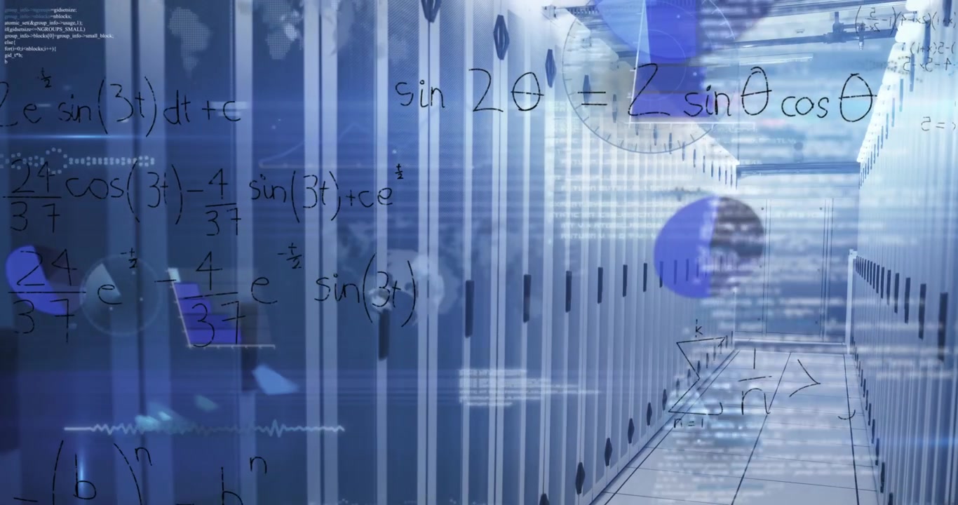 Animation of mathematical equations and data processing against computer server room