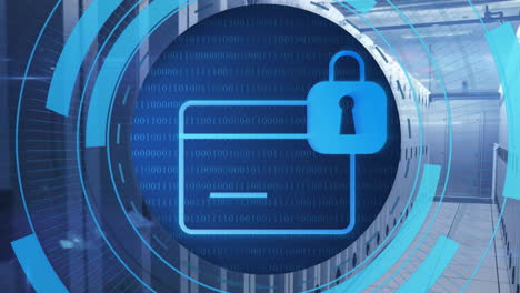 animation of circular scanner processing bank card with padlock icon over server room