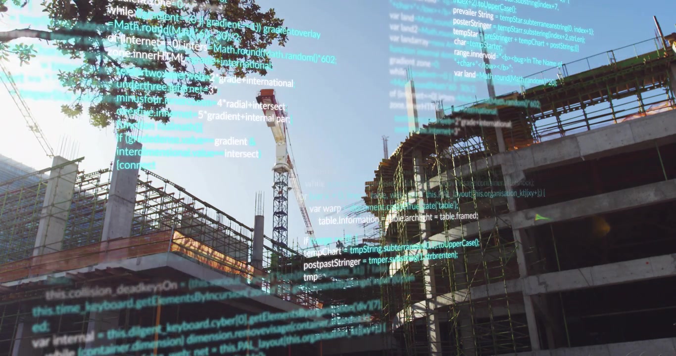 Teal code overlay appearing, tower crane shifting jib while HUD scrolling, showing site progress