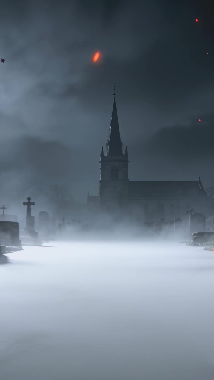 Vertical video: Ember glowing sparking church spire looming in foggy cemetery wind lifting sparks