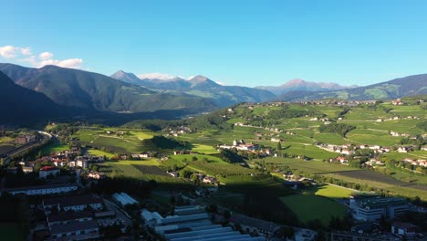 aerial view of austrian alps with village and green grass fields fying rising high during sunny summer day between austria and germany in 4k