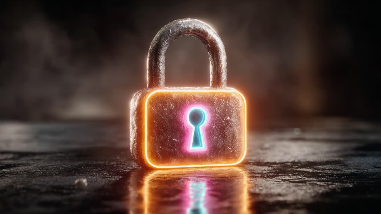 A Stunning Metallic Padlock with Neon Accents, Symbolizing Security and Protection, Seated on a Reflective Surface Surrounded by a Mysterious Atmosphere, Captured in Two Symmetrical Frames