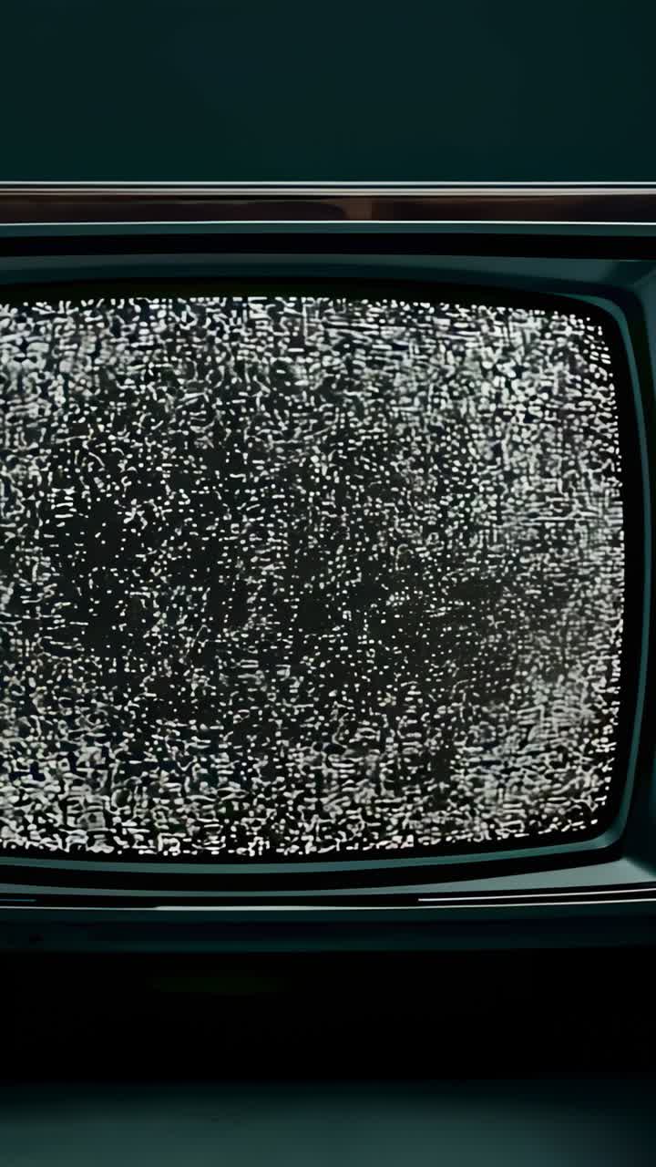 Vertical video: Zooming camera revealing vintage CRT TV screen in dim room, aiming to show static