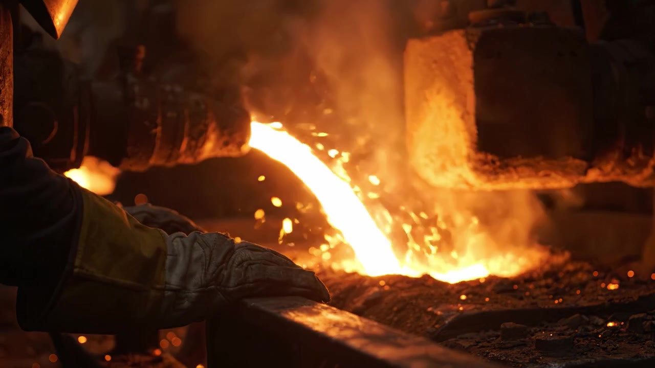 Intense Metal Pouring Process with Brilliant Sparks and Glowing Molten Metal in a Foundry Environment Captured in Vivid Detail and Atmosphere