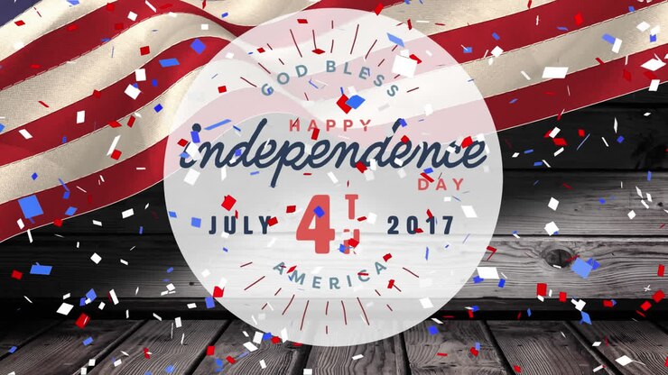 Animazione del testo "Buon Giorno dell'Indipendenza del Quattro Luglio" con coriandoli sopra la bandiera americana.