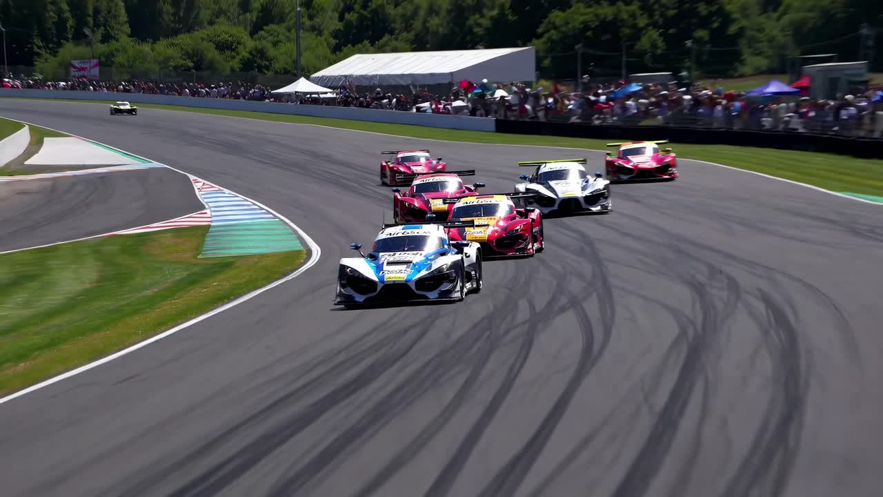 Dynamic low-angle shot of race cars speeding on a track, capturing motion and excitement, perfect