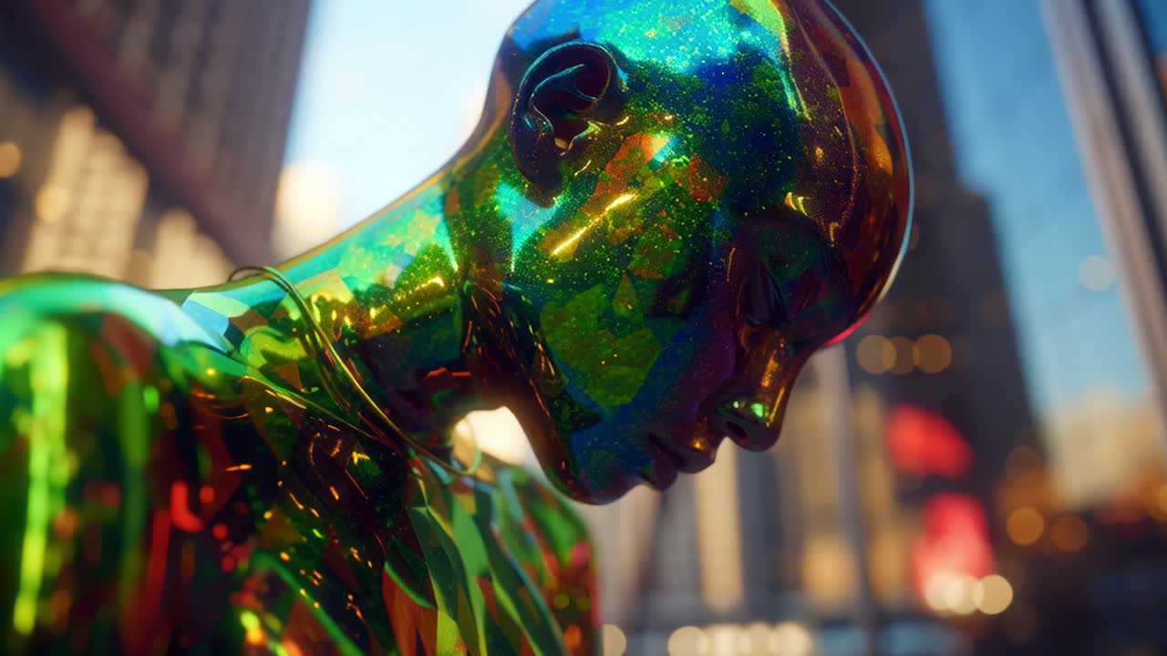 A Stunning Display of Reflective Artistry: A Colorful, Glossy Figurine Captured in Urban light, Showcasing an Iridescent Surface That Captivates the Eye with Intricate Patterns and Vibrant Hues