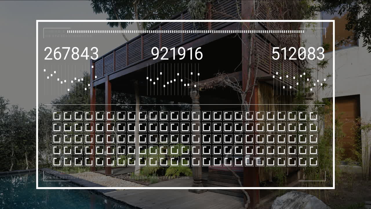 Digital data animation overlay on modern house exterior showing numbers and patterns