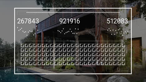 digital data animation overlay on modern house exterior showing numbers and patterns