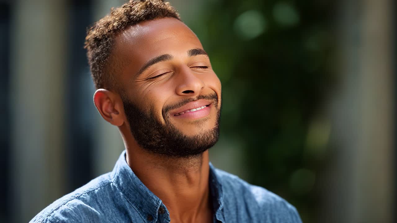 En glad mand oplever et øjeblik af lykke i naturligt lys, hvor han viser sit smil og sin tilfredshed, mens han nyder en fredfyldt udendørs atmosfære