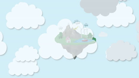 animación de nubes grises y blancas sobre el globo con turbinas eólicas sobre fondo azul