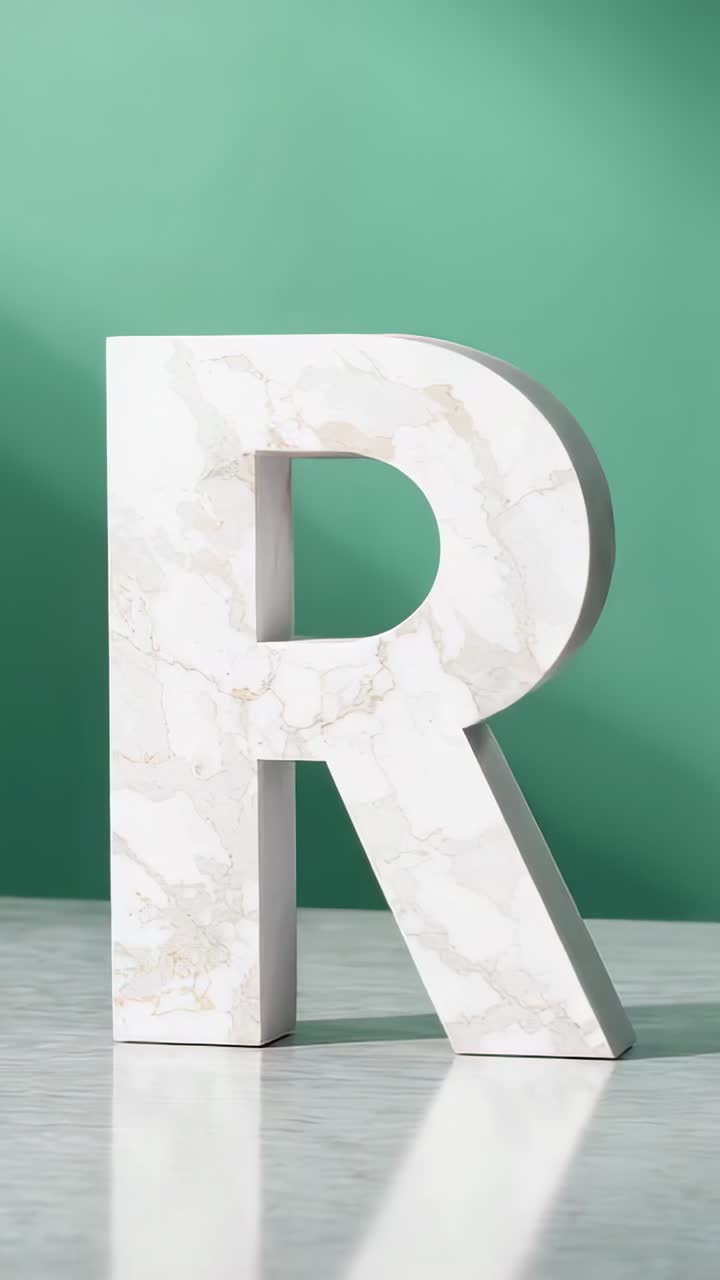 Vertical video: On playback marble letter R rotating on glossy floor by mint wall, showing veining