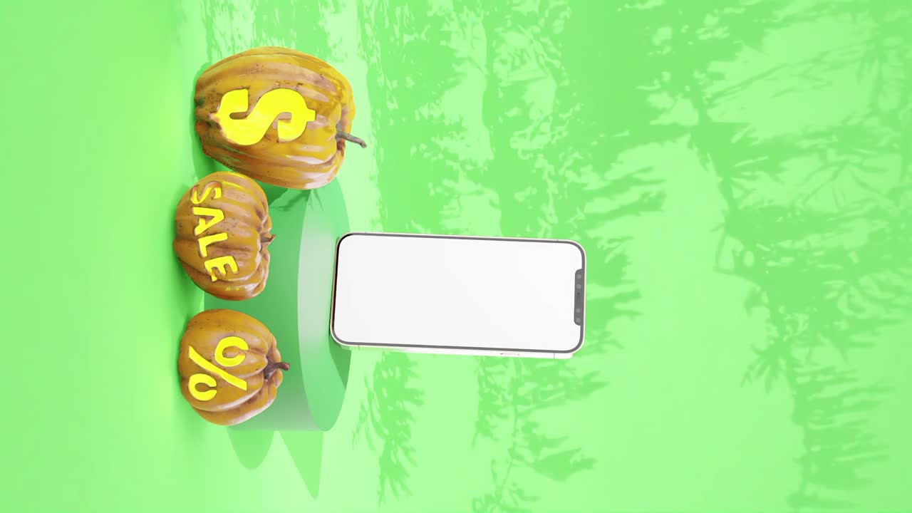 할로윈 판매 수직 광고 전화 디스플레이에  ⁇  화면과 호박, 녹색 배경