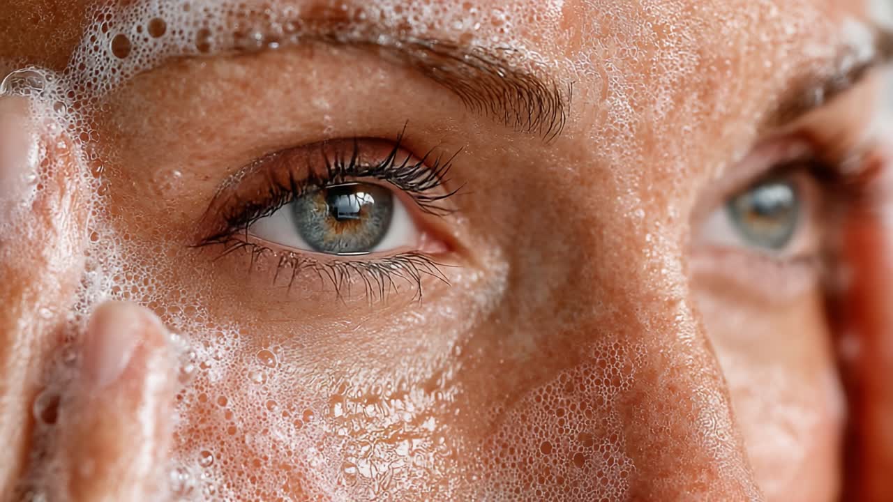 A Close-Up Reflection of Skincare: A Woman Cleansing Her Face with Foamy Cleanser, Capturing the Essence of Freshness and Radiance in Every Detail