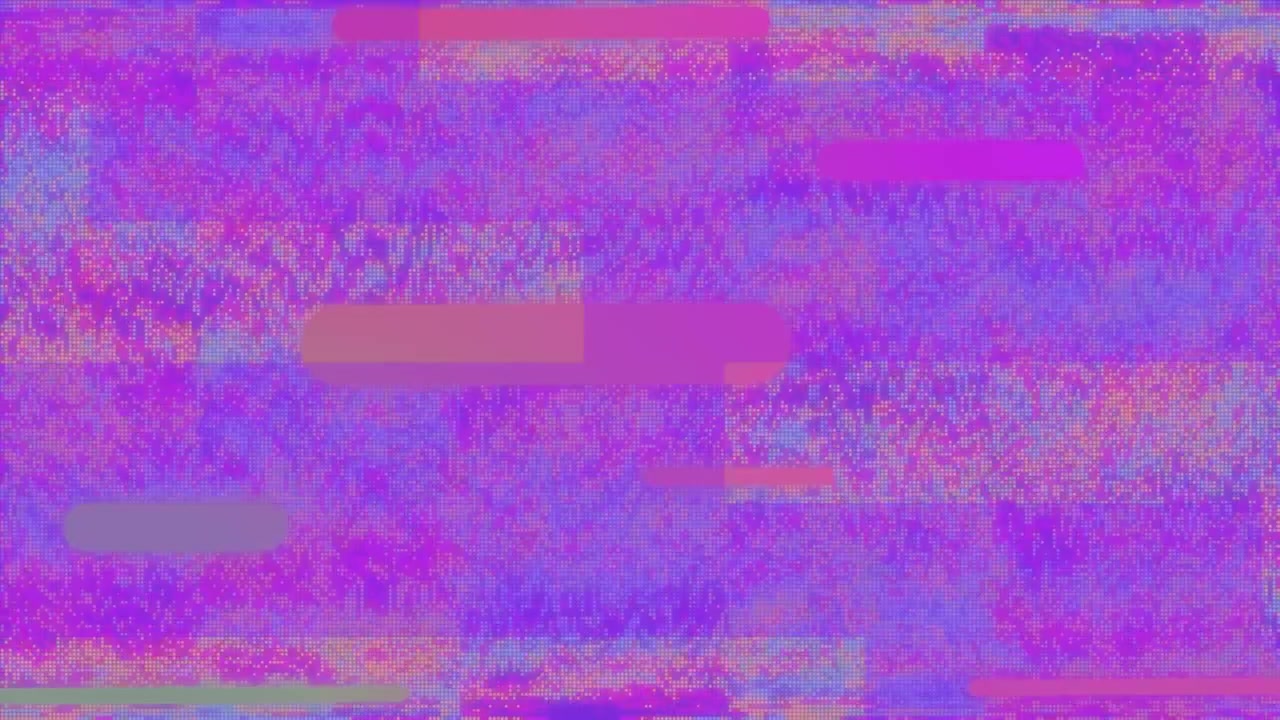 Animace pohybujících se trubic nad růžovým a fialovým glitch pozadím.