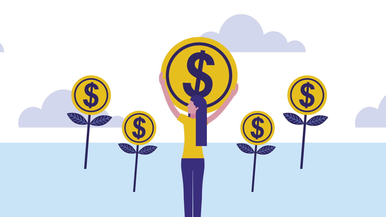 mujer joven con monedas dinero dólares animación