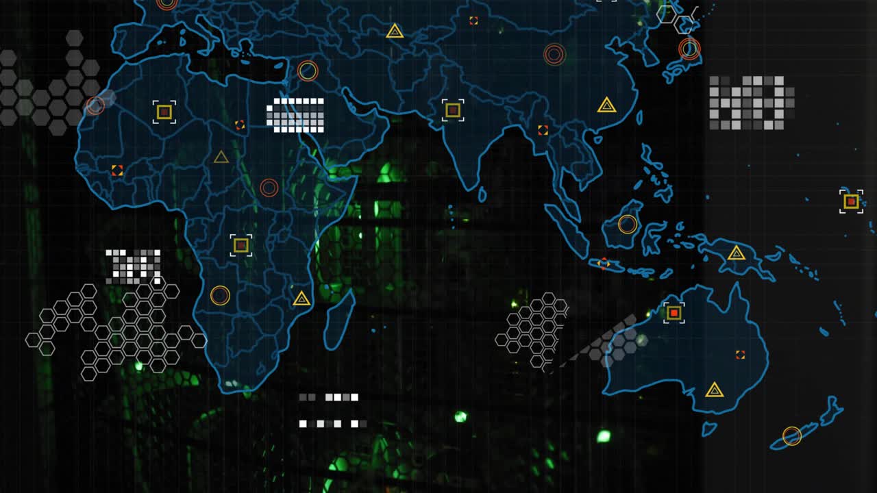 Thin blue map fading over rack, overlay animating markers, hexes, lines linking, showing activity