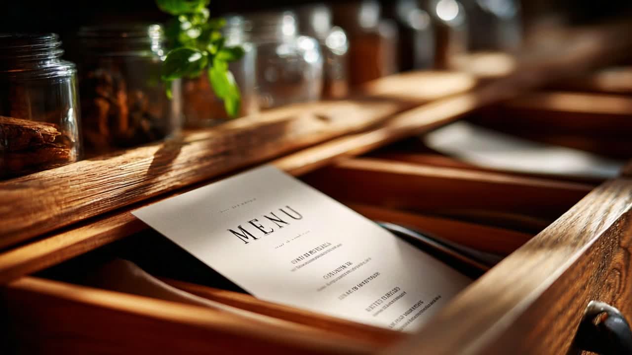 A beautifully crafted wooden drawer reveals a meticulously designed menu, showcasing an assortment of culinary delights and herbal garnishes, ideal for an inviting dining experience