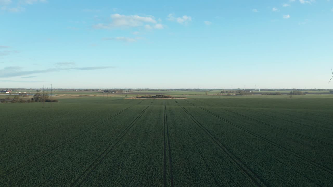 Tomada aérea sobre um campo sueco verde durante a primavera.