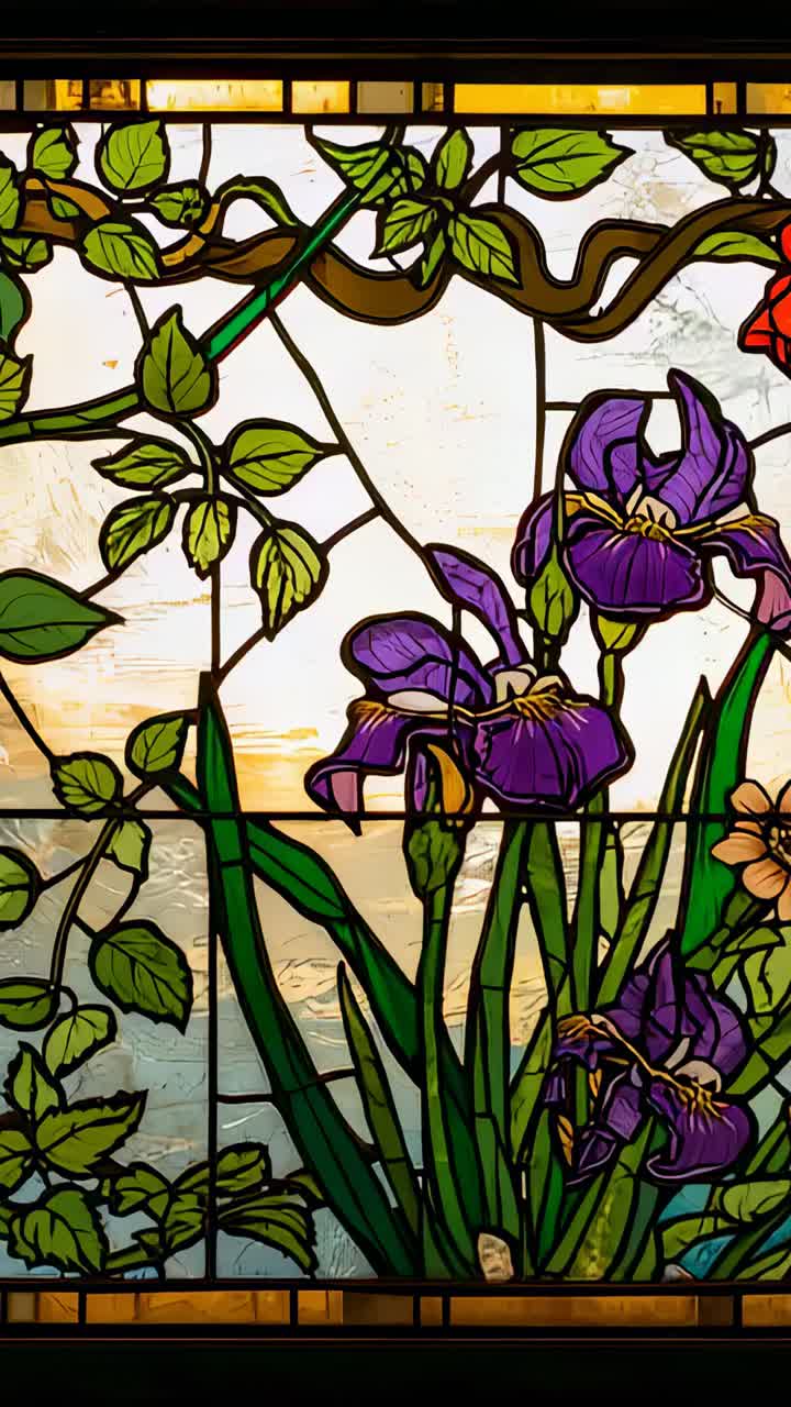 Vertical video: Panning camera revealing iris detail at stained-glass panel and exposing lead came