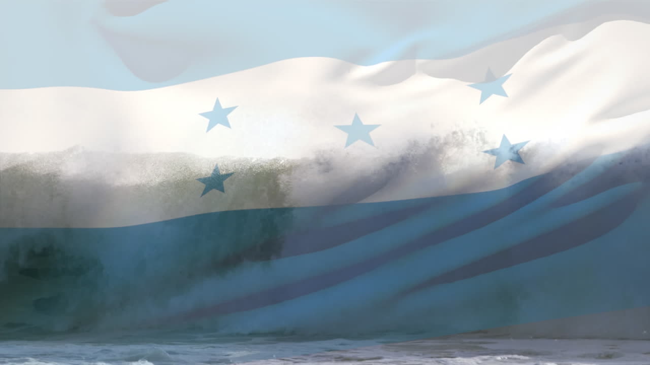 Digital composition of waving honduras flag against waves in the sea