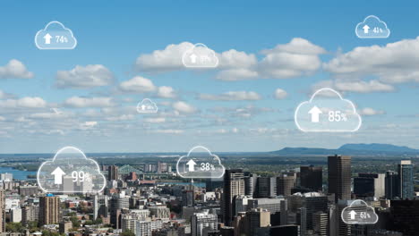 animación de nubes digitales con un porcentaje que sube sobre el paisaje urbano