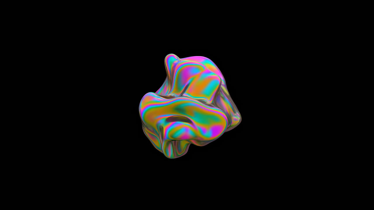 Forma fluida iridescente astratta che si trasforma su sfondo nero