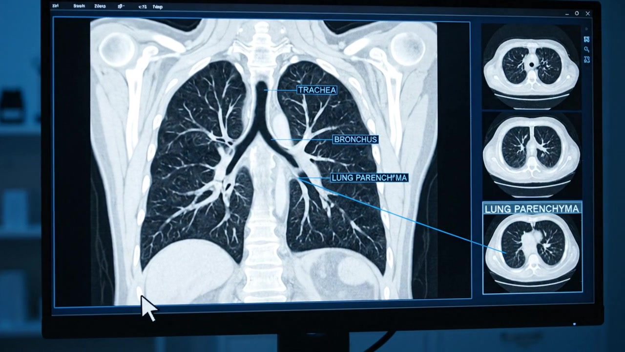 Medical monitor display showing 3D human lungs respiratory scan