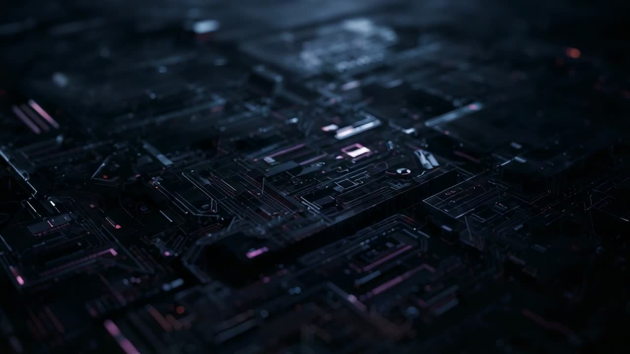 Surveying camera moving and pulling focus across macro board surface in studio, revealing pink LEDs