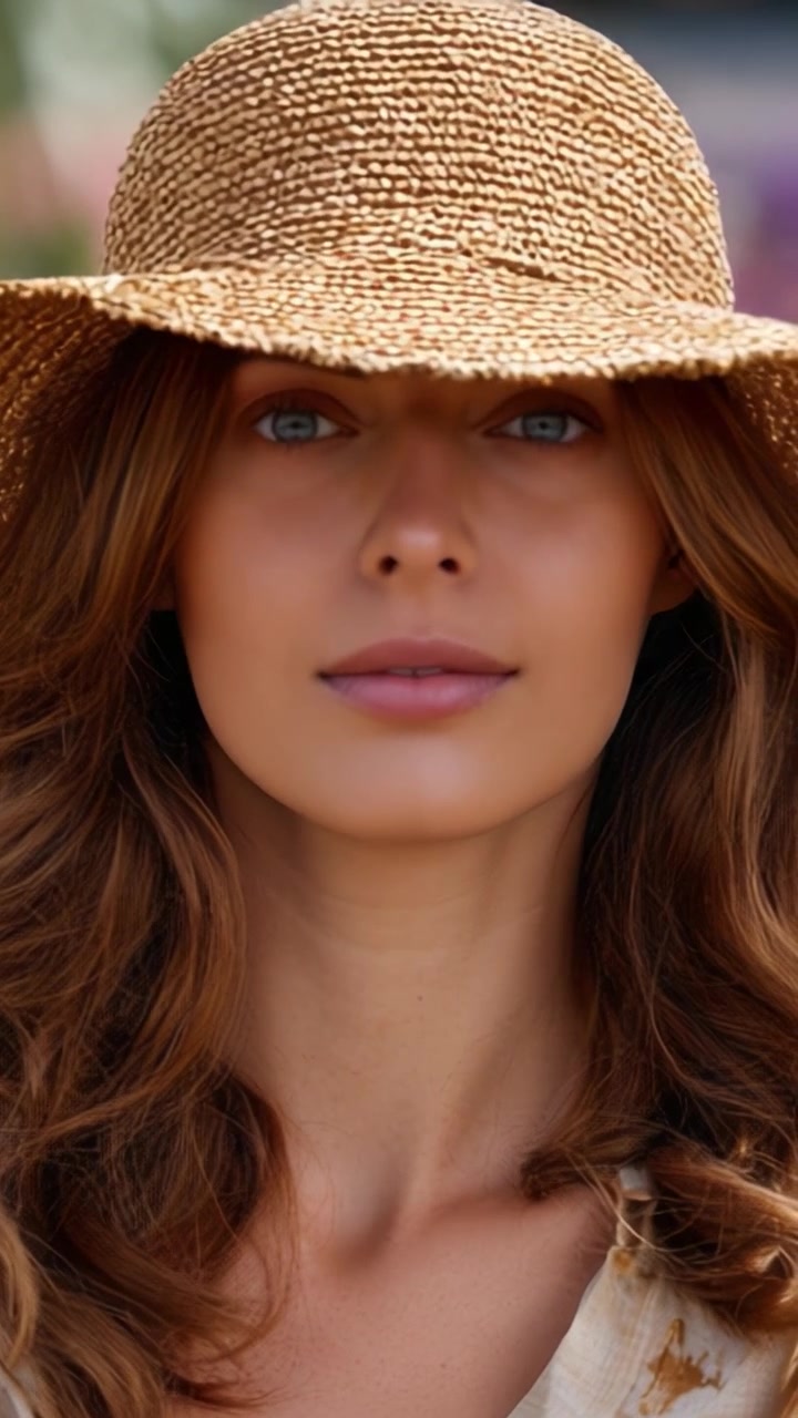 Un primo piano di una giovane donna che indossa un elegante cappello di paglia, evidenziando la sua bellezza naturale e il suo sorriso radioso in un ambiente morbido ed elegante.