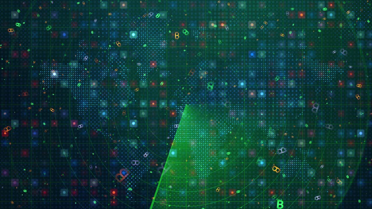 Cryptocurrency tracking radar animation with floating Bitcoin symbols - financial surveillance, investments or opportunities, monitoring transactions with digital world map background