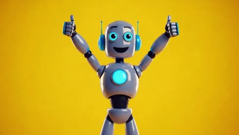 cheerful robot character with blue accents and thumbs up gesture against a bright yellow background, representing positivity and innovation in technology