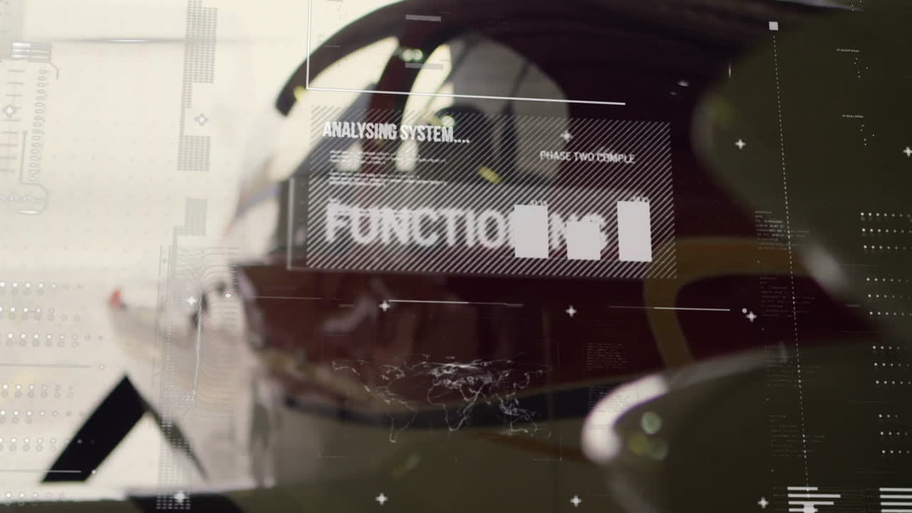 Analyzing system text animation over close-up of car interior and dashboard