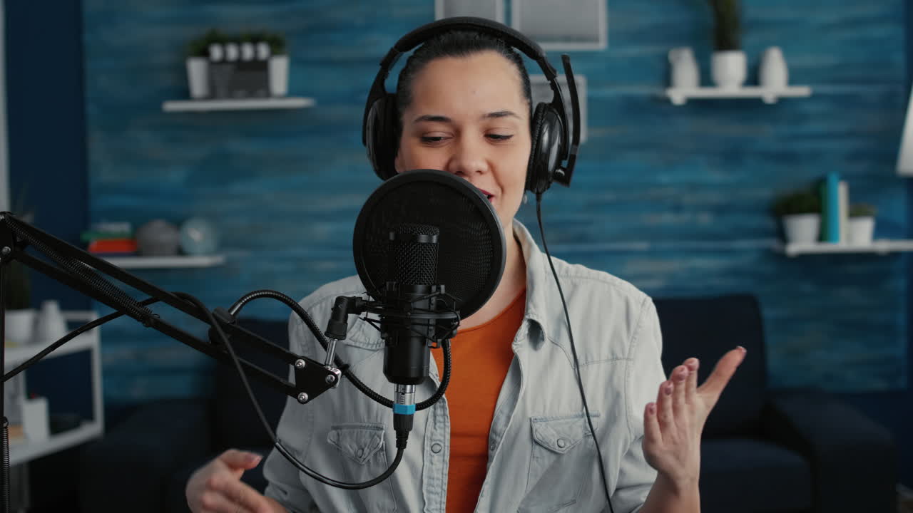 Cheerful famous internet show host ending live broadcast