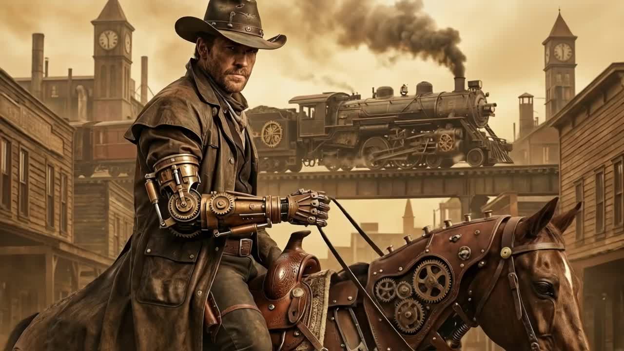 Steampunk Cowboy in a Mechanical Wild West Town