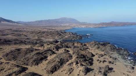 Sunny-desert-flyover-of-rocky-Pacific-coast-toward-Carrizal-Bajo-Chile