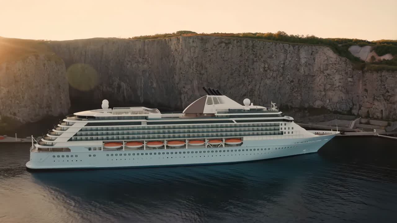Luxury Cruise Ship Docked by a Rocky Cliff at Sunrise or Sunset