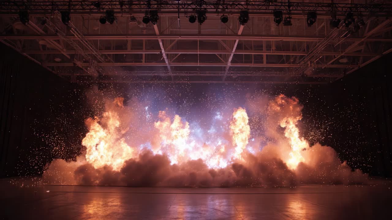 Spectacular Visual Display of Dynamic Pyrotechnics with Explosive Fireball Effects in a Controlled Environment, Showcasing Stunning Light and Smoke Interaction in an Impressive Production Setting
